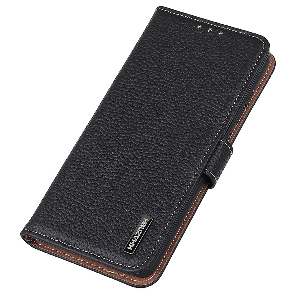KHAZNEH for Samsung Galaxy M13 4G Wallet Style Cover Litchi Texture Genuine Leather Stand TPU Inner Anti-scratch Phone Case - Black-5
