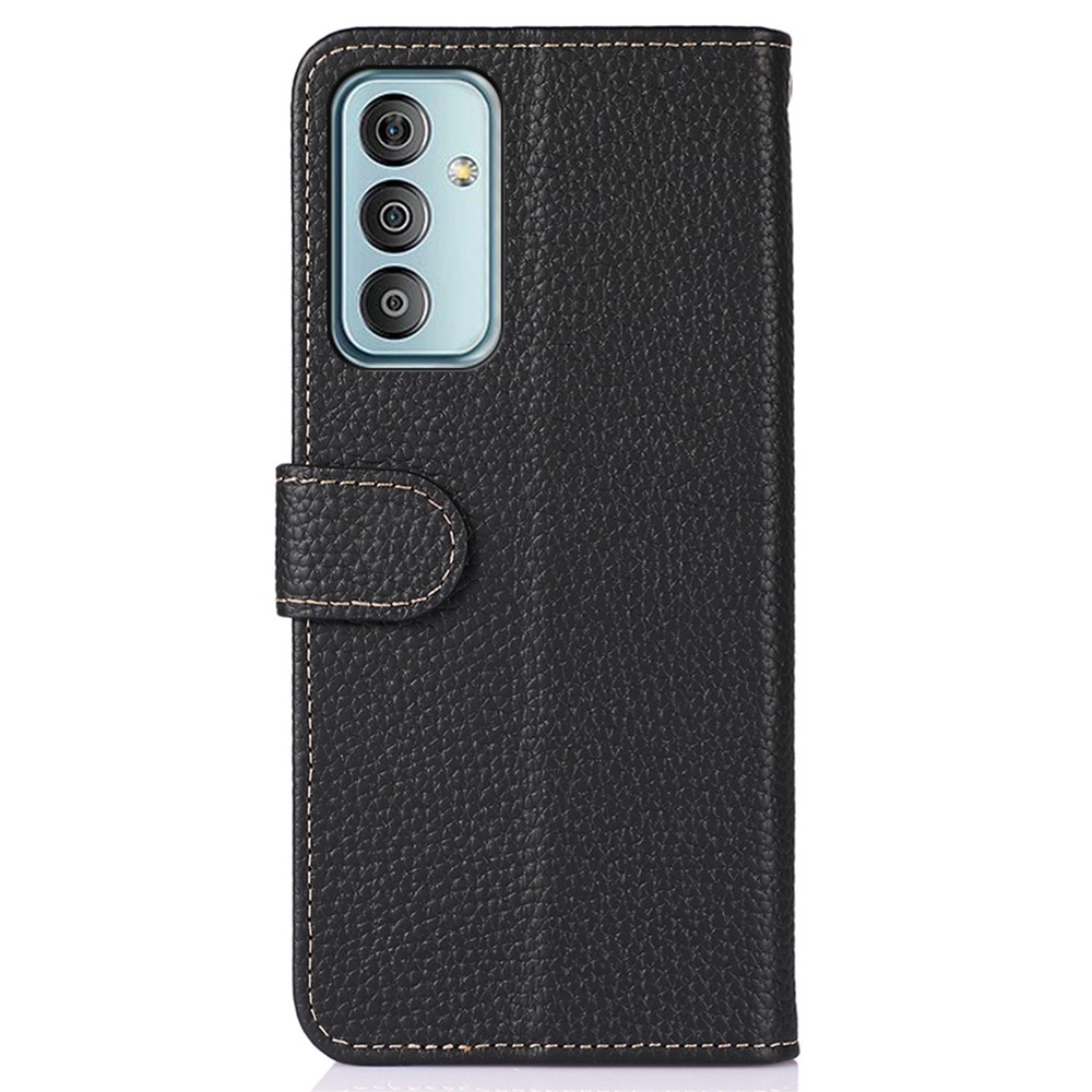 KHAZNEH for Samsung Galaxy M13 4G Wallet Style Cover Litchi Texture Genuine Leather Stand TPU Inner Anti-scratch Phone Case - Black-7