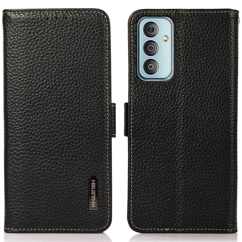 KHAZNEH Phone Case for Samsung Galaxy M13 4G, Litchi Texture Wear-resistant Anti-fall Genuine Leather RFID Blocking Cover with Wallet Stand - Black-1