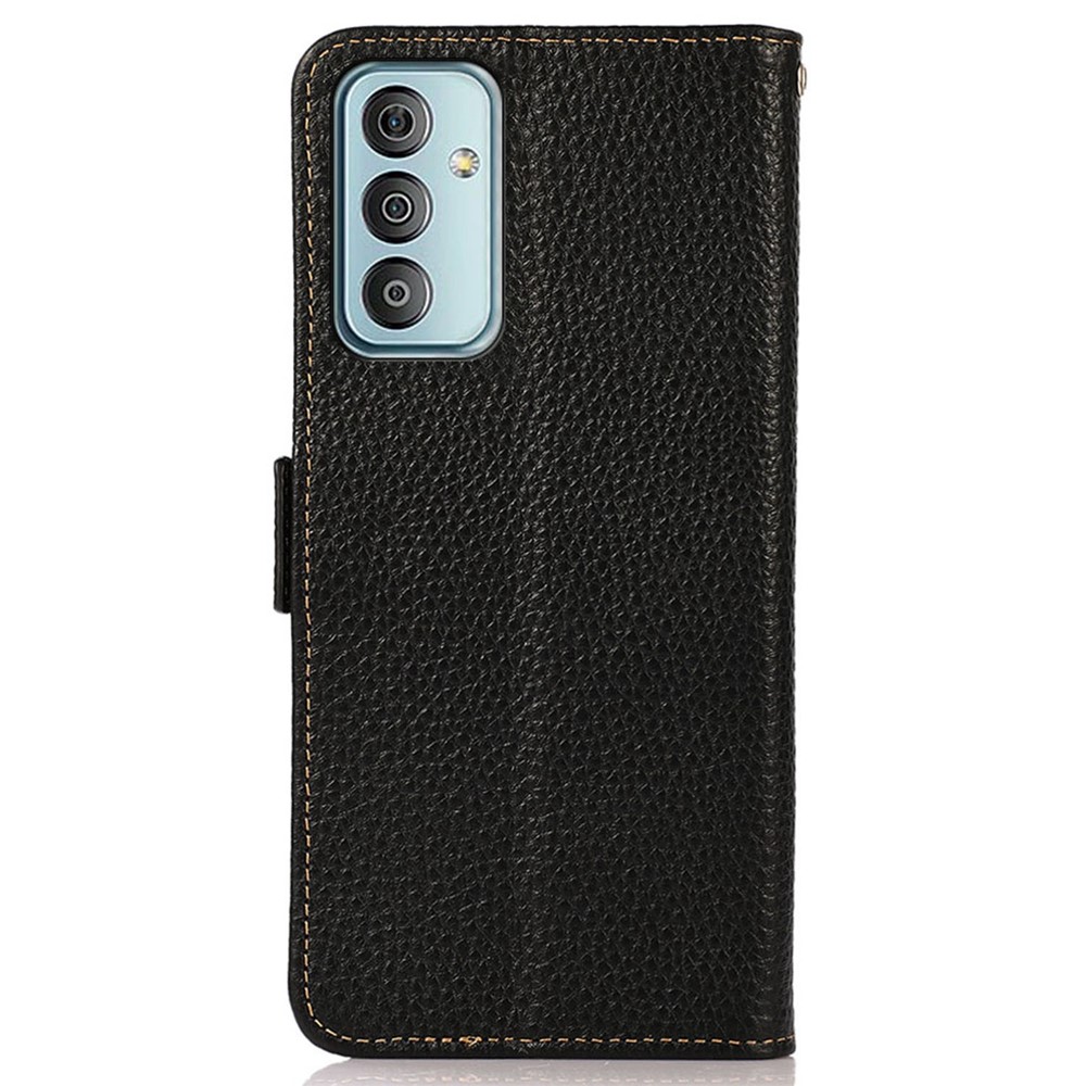 KHAZNEH Phone Case for Samsung Galaxy M13 4G, Litchi Texture Wear-resistant Anti-fall Genuine Leather RFID Blocking Cover with Wallet Stand - Black-8