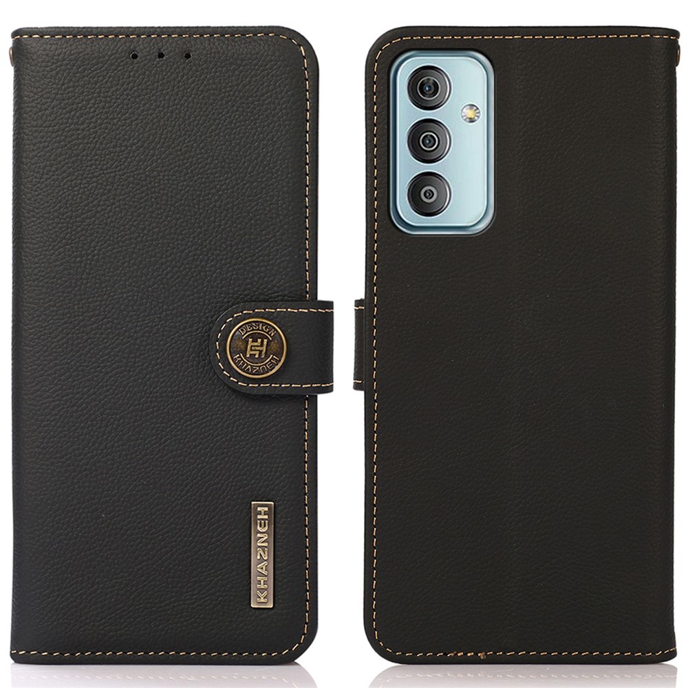 KHAZNEH For Samsung Galaxy M13 4G Anti-fall Magnetic Genuine Leather Wallet Style Anti-wear Phone Case RFID Blocking TPU Stand Cover - Black-1