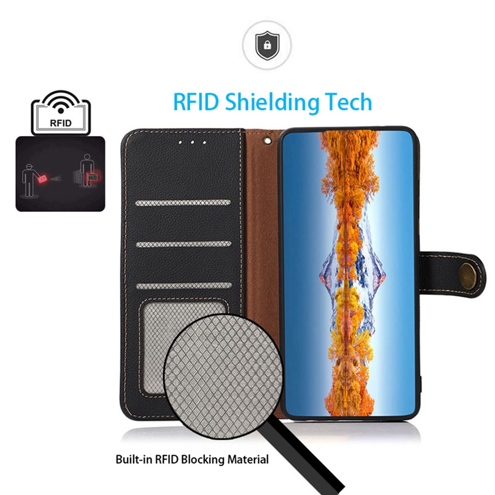 KHAZNEH For Samsung Galaxy M13 4G Anti-fall Magnetic Genuine Leather Wallet Style Anti-wear Phone Case RFID Blocking TPU Stand Cover - Black-3