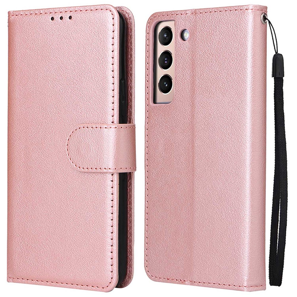 For Samsung Galaxy S22+ 5G Stand Cover, Bump Proof Folio Flip PU Leather Wallet Cell Phone Case with Lanyard - Rose Gold-1