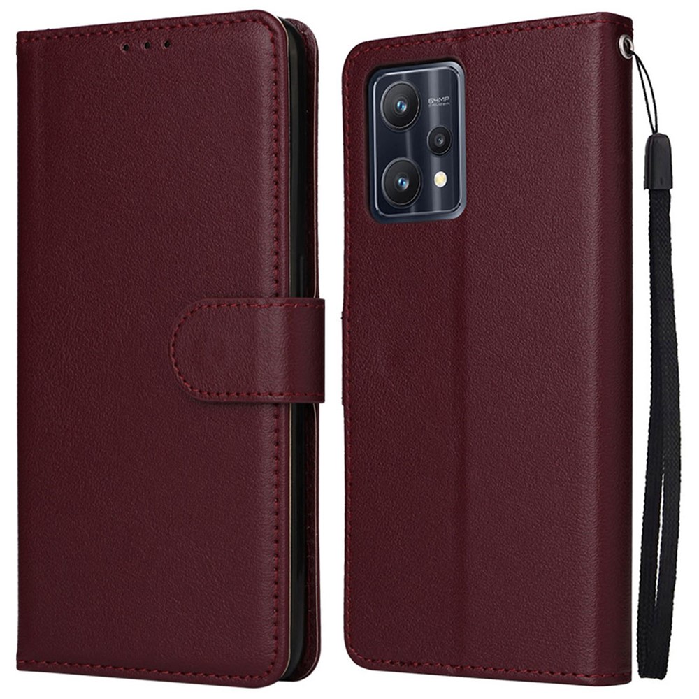 For Realme 9 Pro+ 5G Overall Coverage Stand Cover, Folio Flip PU Leather Wallet Cell Phone Case with Lanyard - Wine Red-1