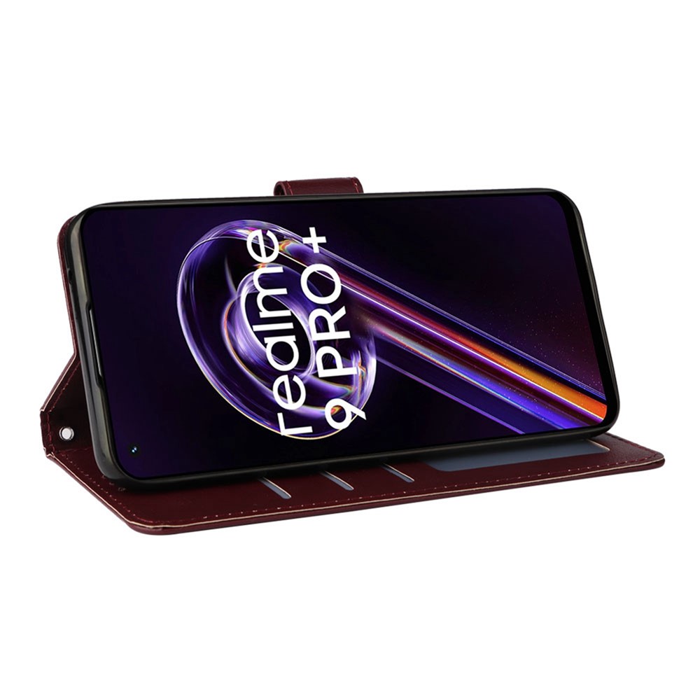 For Realme 9 Pro+ 5G Overall Coverage Stand Cover, Folio Flip PU Leather Wallet Cell Phone Case with Lanyard - Wine Red-3