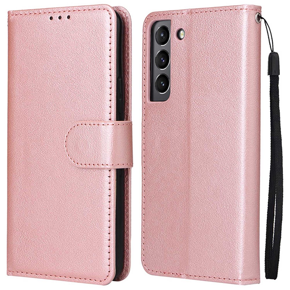 For Samsung Galaxy S22 5G Cellphone Guard Stand Cover, Folio Flip PU Leather Wallet Cell Phone Case with Lanyard - Rose Gold-1