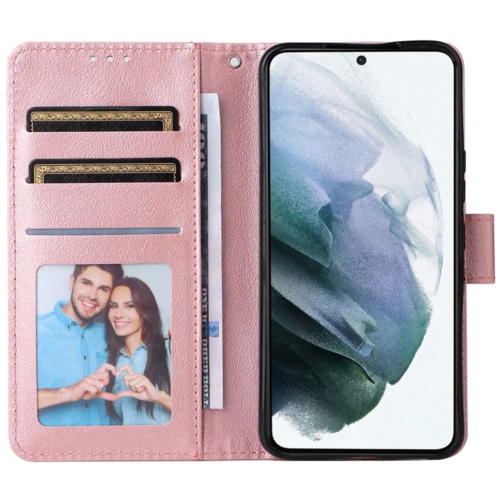 For Samsung Galaxy S22 5G Cellphone Guard Stand Cover, Folio Flip PU Leather Wallet Cell Phone Case with Lanyard - Rose Gold-2