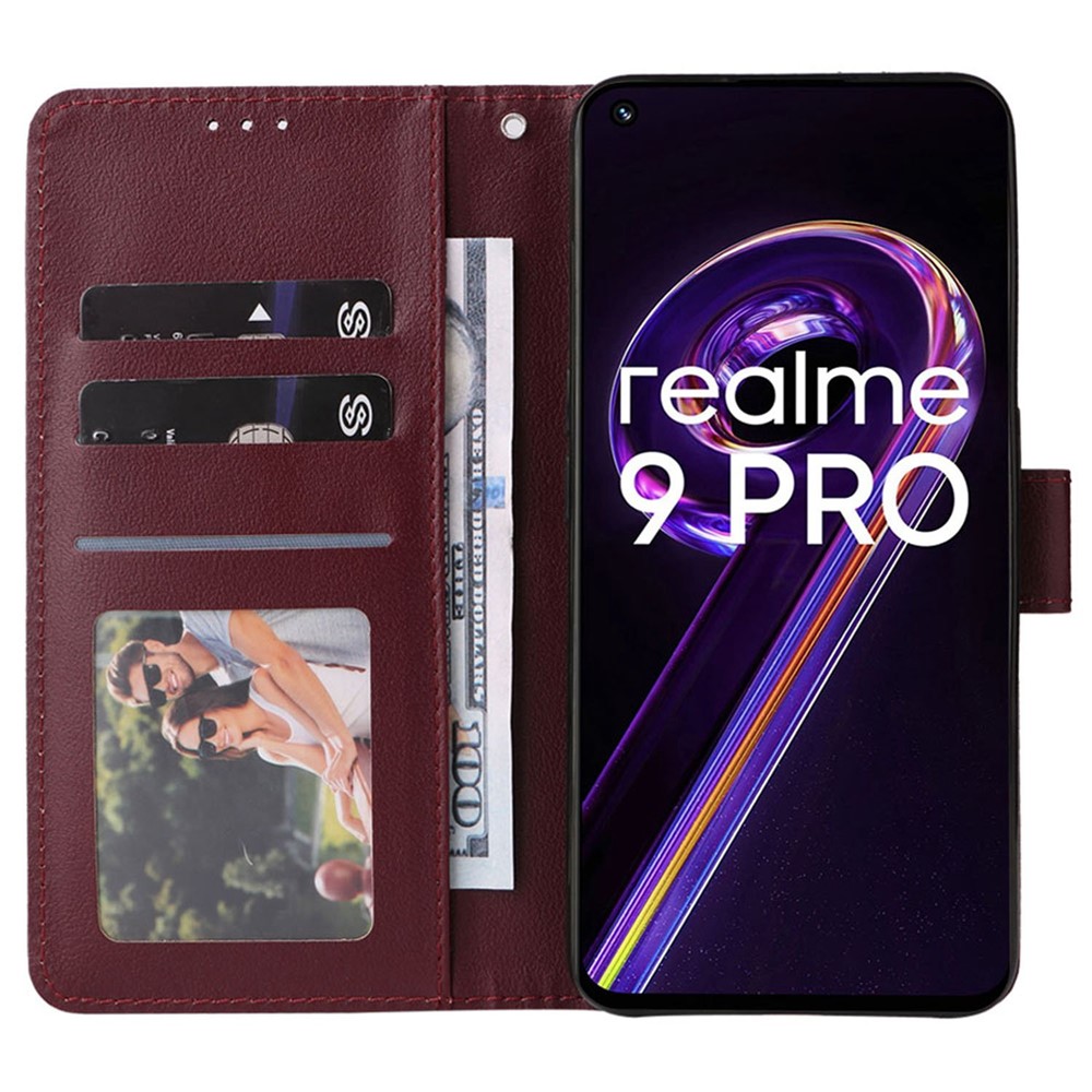 For Realme V25 5G / 9 Pro 5G Fully Wrapped Stand Cover, Folio Flip PU Leather Wallet Cell Phone Case with Lanyard - Wine Red-2
