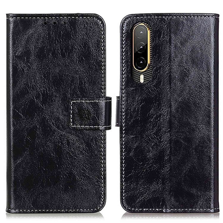 For HTC Desire 22 Pro 5G Vintage PU Leather Wallet Case Crazy Horse Texture Stand Book Design Shockproof TPU Interior Shell Cover - Black-1