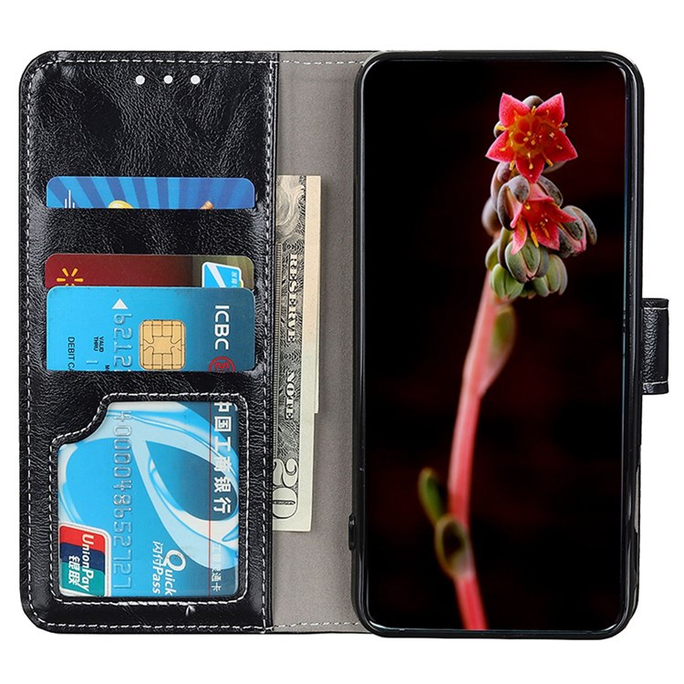 For HTC Desire 22 Pro 5G Vintage PU Leather Wallet Case Crazy Horse Texture Stand Book Design Shockproof TPU Interior Shell Cover - Black-2