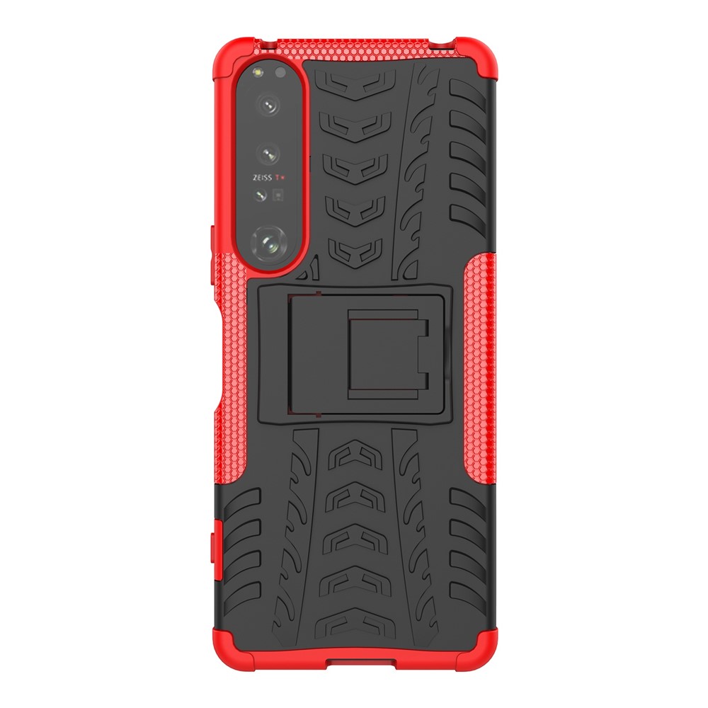 For Sony Xperia 1 IV 5G Cool Tire Texture Tablet Case Kickstand Hard PC Soft TPU Dual Layer Shockproof Protective Cover - Red-2