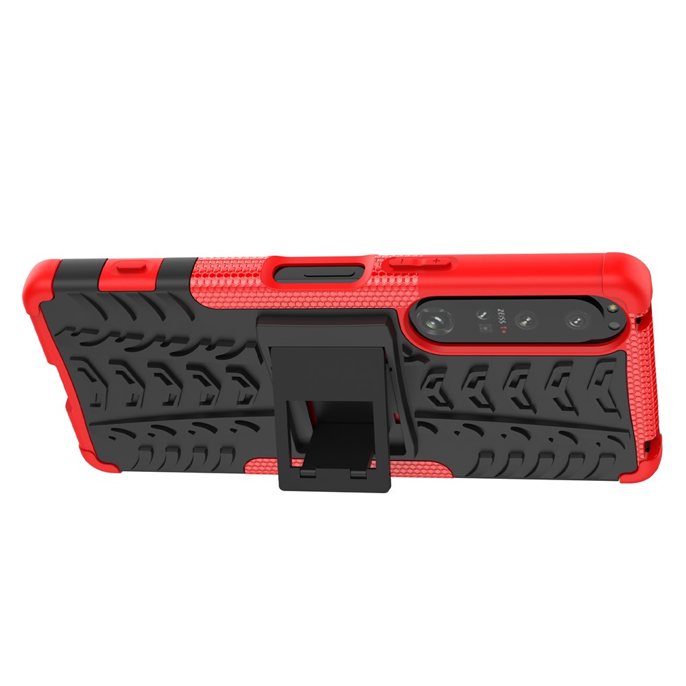 For Sony Xperia 1 IV 5G Cool Tire Texture Tablet Case Kickstand Hard PC Soft TPU Dual Layer Shockproof Protective Cover - Red-4