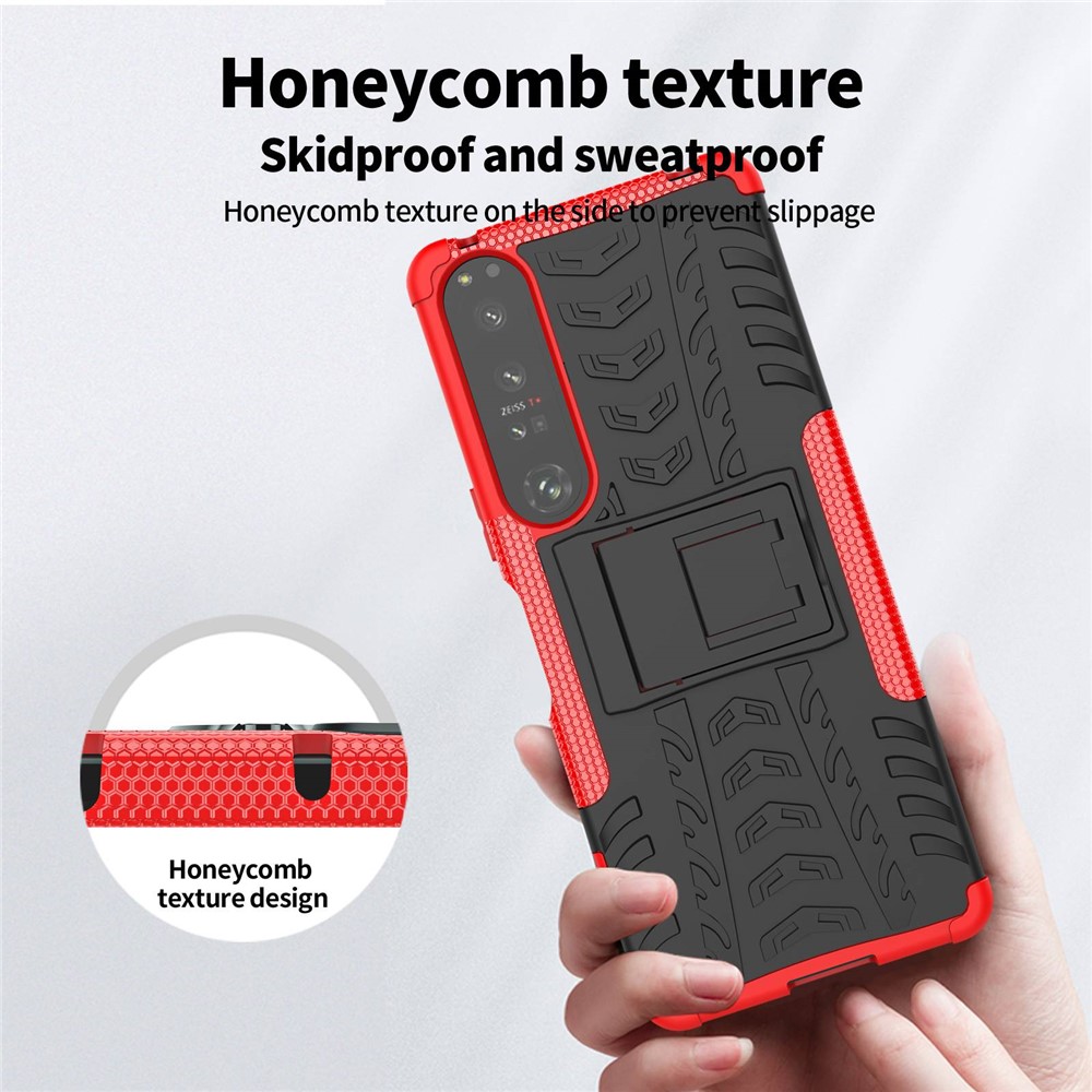For Sony Xperia 1 IV 5G Cool Tire Texture Tablet Case Kickstand Hard PC Soft TPU Dual Layer Shockproof Protective Cover - Red-7