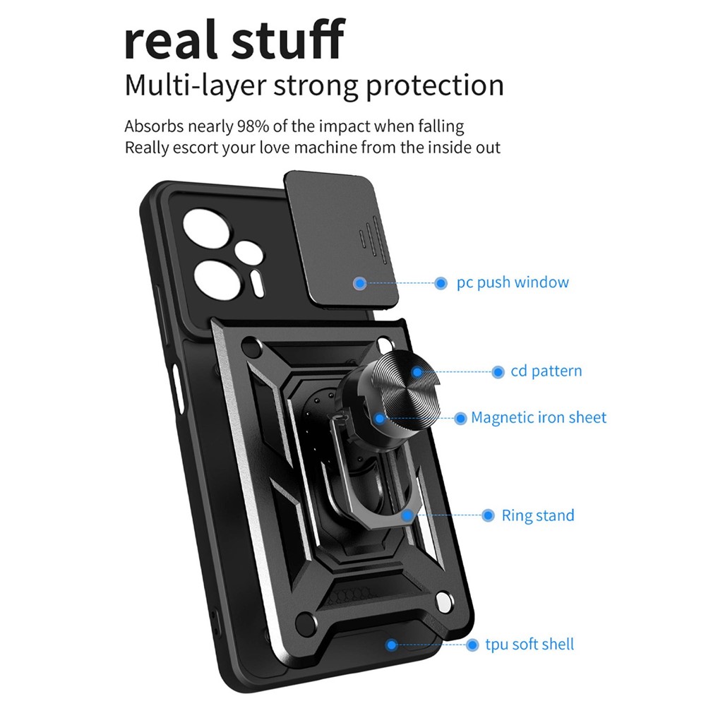 For Xiaomi Poco X4 GT 5G / Redmi Note 11T Pro+ 5G / Redmi Note 11T Pro 5G Cell Phone Shell Kickstand PC + TPU Hybrid Cover Slide Camera Protection Anti-scratch Phone Case - Black-3