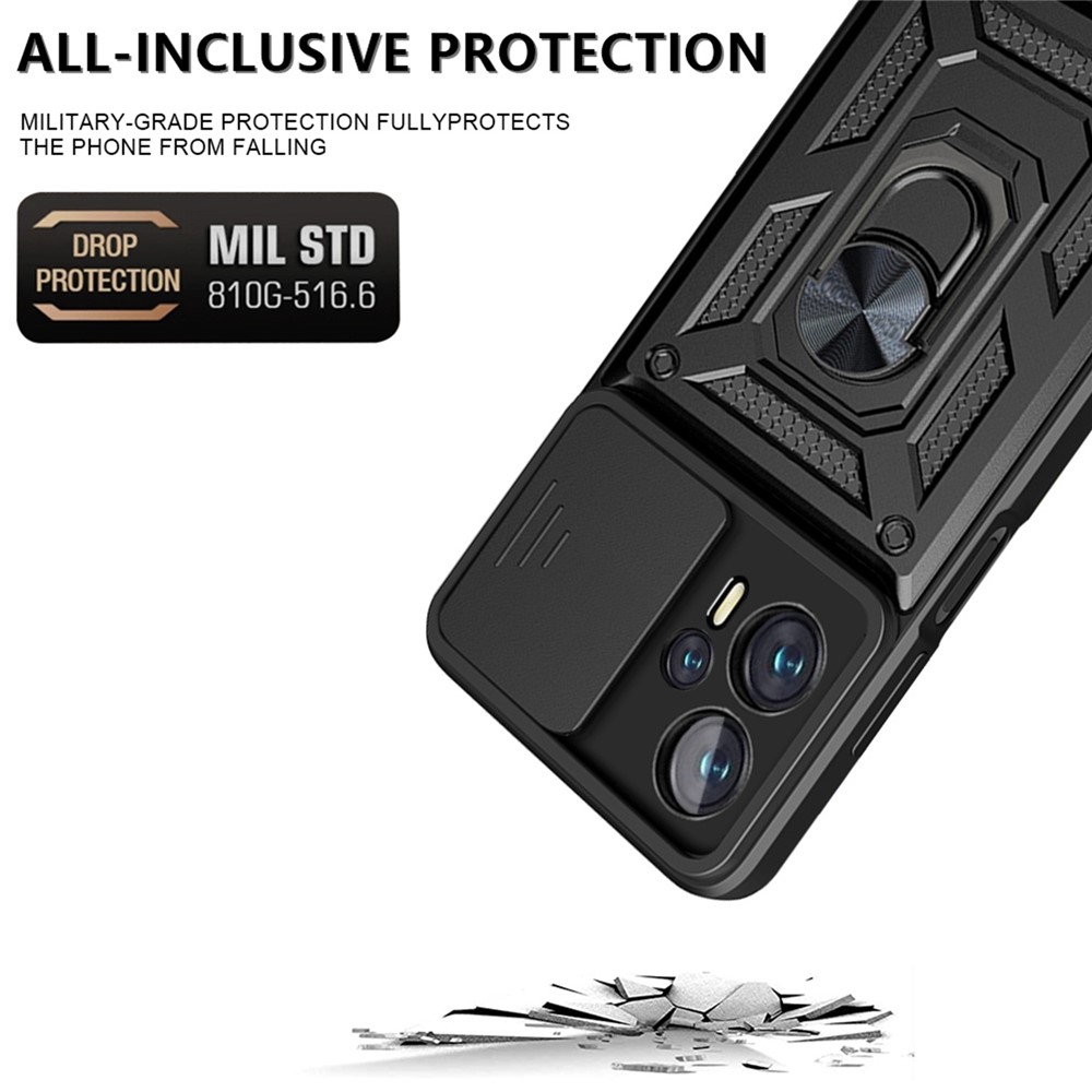 For Xiaomi Poco X4 GT 5G / Redmi Note 11T Pro+ 5G / Redmi Note 11T Pro 5G Cell Phone Shell Kickstand PC + TPU Hybrid Cover Slide Camera Protection Anti-scratch Phone Case - Black-4