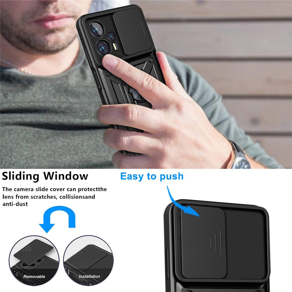 For Xiaomi Poco X4 GT 5G / Redmi Note 11T Pro+ 5G / Redmi Note 11T Pro 5G Cell Phone Shell Kickstand PC + TPU Hybrid Cover Slide Camera Protection Anti-scratch Phone Case - Black-6