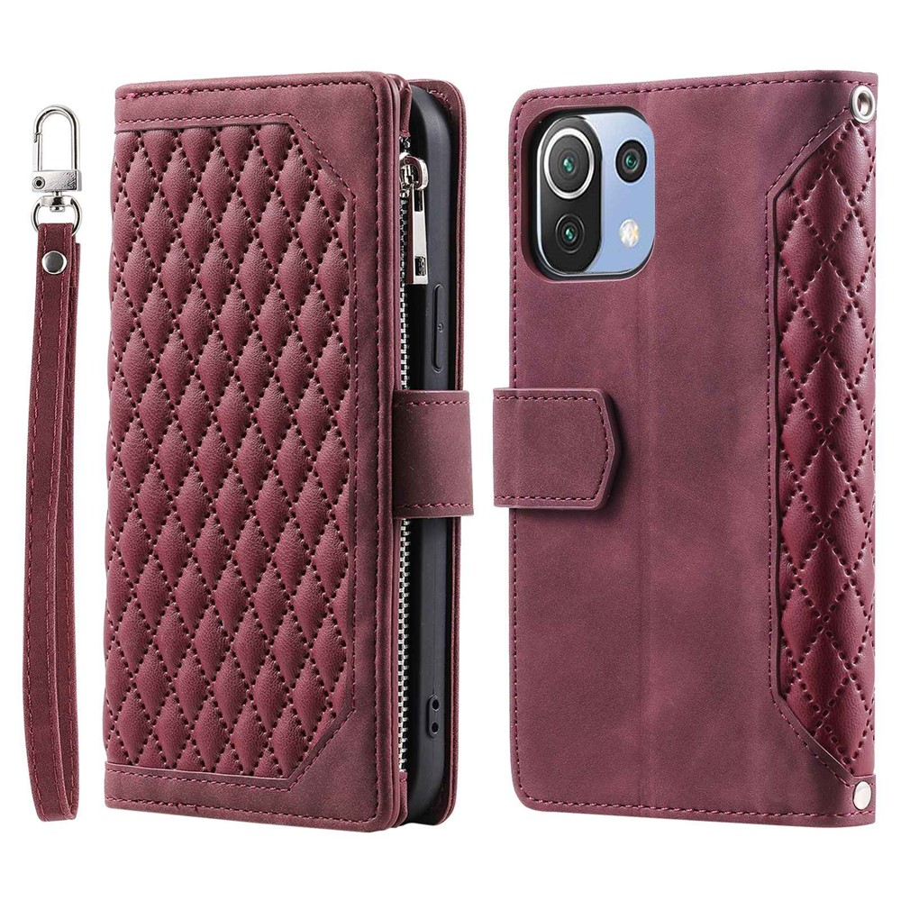 005 Style For Xiaomi Mi 11 Lite 4G / 5G / 5G NE, Rhombus Texture PU Leather Zipper Pocket Phone Case Shockproof Wallet Cover Viewing Stand with Strap - Wine Red-1