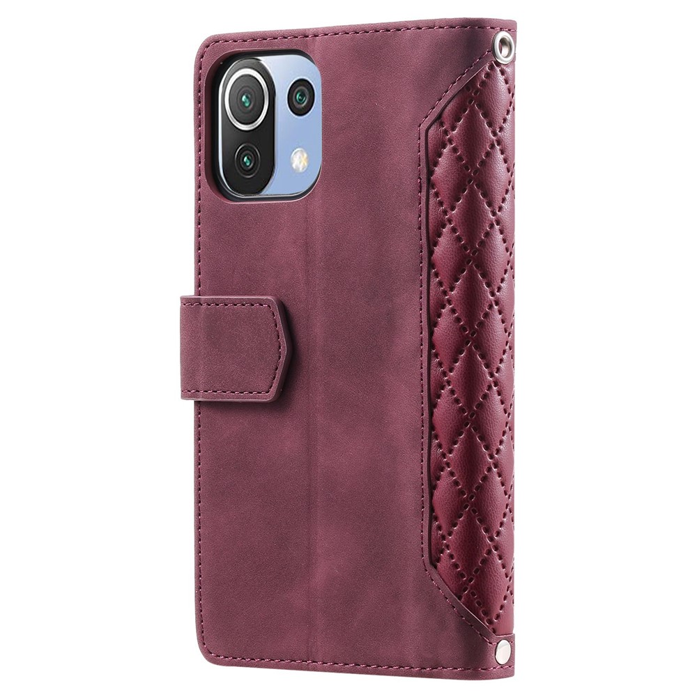 005 Style For Xiaomi Mi 11 Lite 4G / 5G / 5G NE, Rhombus Texture PU Leather Zipper Pocket Phone Case Shockproof Wallet Cover Viewing Stand with Strap - Wine Red-10
