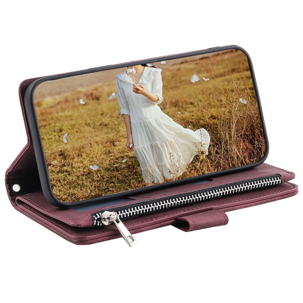 005 Style For Xiaomi Mi 11 Lite 4G / 5G / 5G NE, Rhombus Texture PU Leather Zipper Pocket Phone Case Shockproof Wallet Cover Viewing Stand with Strap - Wine Red-2