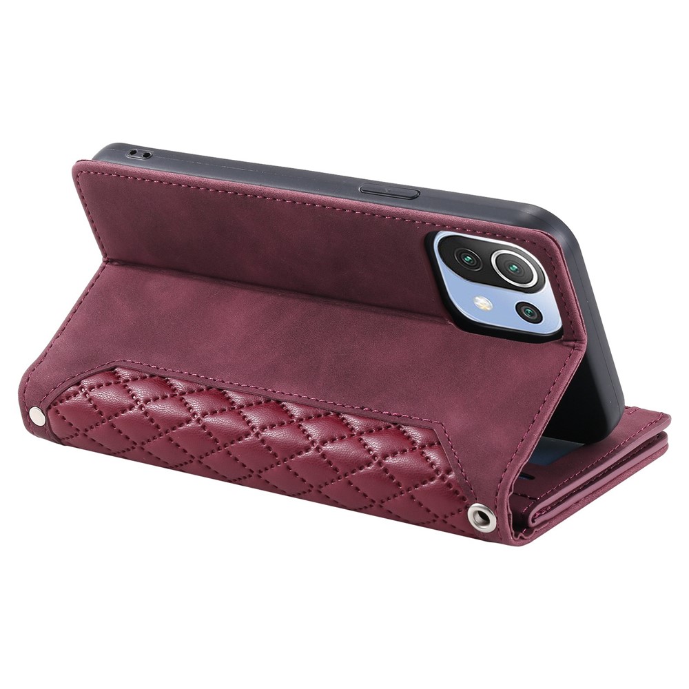 005 Style For Xiaomi Mi 11 Lite 4G / 5G / 5G NE, Rhombus Texture PU Leather Zipper Pocket Phone Case Shockproof Wallet Cover Viewing Stand with Strap - Wine Red-3