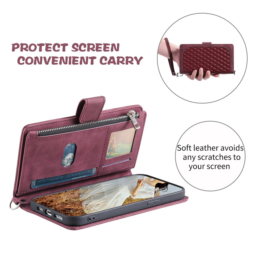 005 Style For Xiaomi Mi 11 Lite 4G / 5G / 5G NE, Rhombus Texture PU Leather Zipper Pocket Phone Case Shockproof Wallet Cover Viewing Stand with Strap - Wine Red-4
