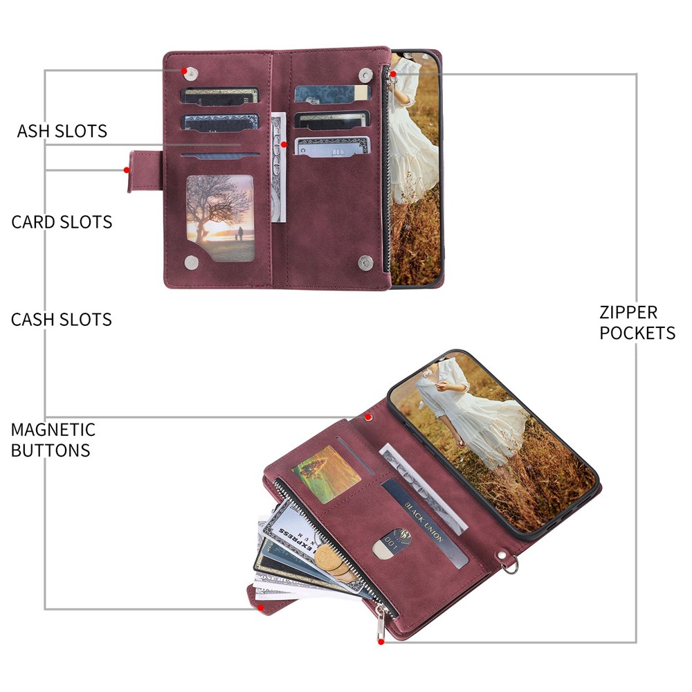 005 Style For Xiaomi Mi 11 Lite 4G / 5G / 5G NE, Rhombus Texture PU Leather Zipper Pocket Phone Case Shockproof Wallet Cover Viewing Stand with Strap - Wine Red-5