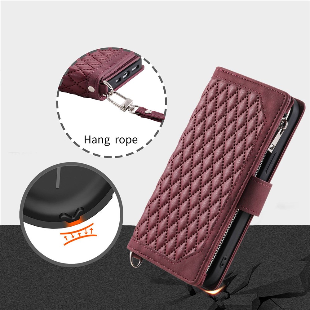 005 Style For Xiaomi Mi 11 Lite 4G / 5G / 5G NE, Rhombus Texture PU Leather Zipper Pocket Phone Case Shockproof Wallet Cover Viewing Stand with Strap - Wine Red-6
