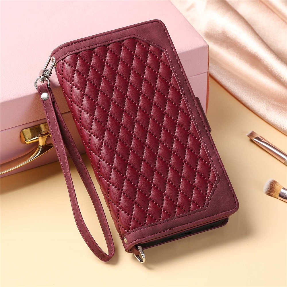 005 Style For Xiaomi Mi 11 Lite 4G / 5G / 5G NE, Rhombus Texture PU Leather Zipper Pocket Phone Case Shockproof Wallet Cover Viewing Stand with Strap - Wine Red-7