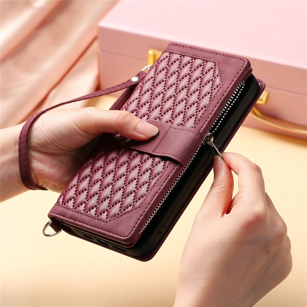005 Style For Xiaomi Mi 11 Lite 4G / 5G / 5G NE, Rhombus Texture PU Leather Zipper Pocket Phone Case Shockproof Wallet Cover Viewing Stand with Strap - Wine Red-8
