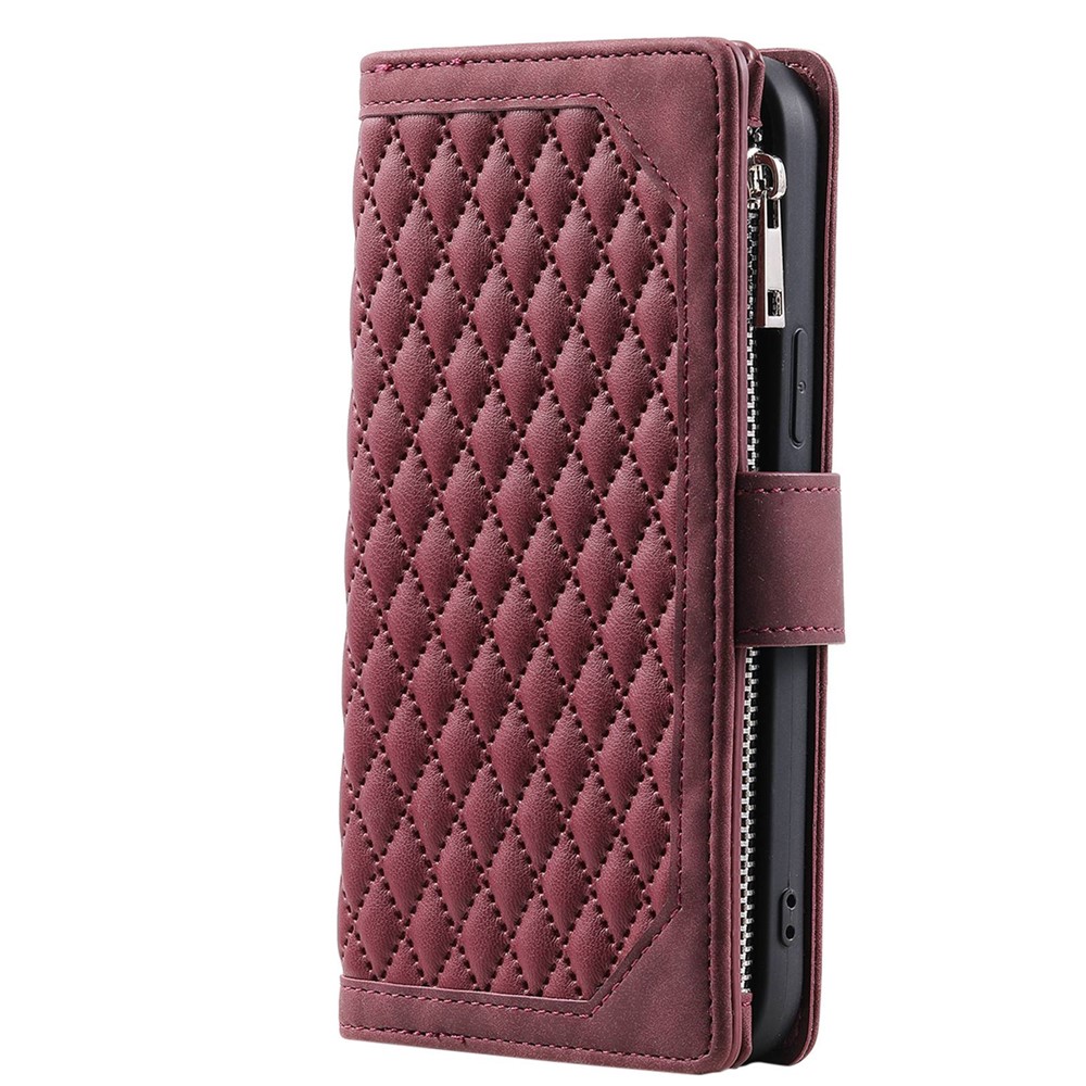 005 Style For Xiaomi Mi 11 Lite 4G / 5G / 5G NE, Rhombus Texture PU Leather Zipper Pocket Phone Case Shockproof Wallet Cover Viewing Stand with Strap - Wine Red-9