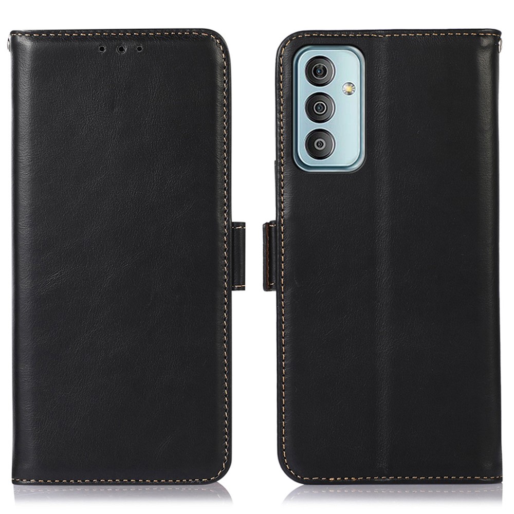For Samsung Galaxy M13 4G Drop-proof Crazy Horse Texture RFID Blocking Case Genuine Cowhide Leather TPU Phone Cover with Wallet Stand - Black-1