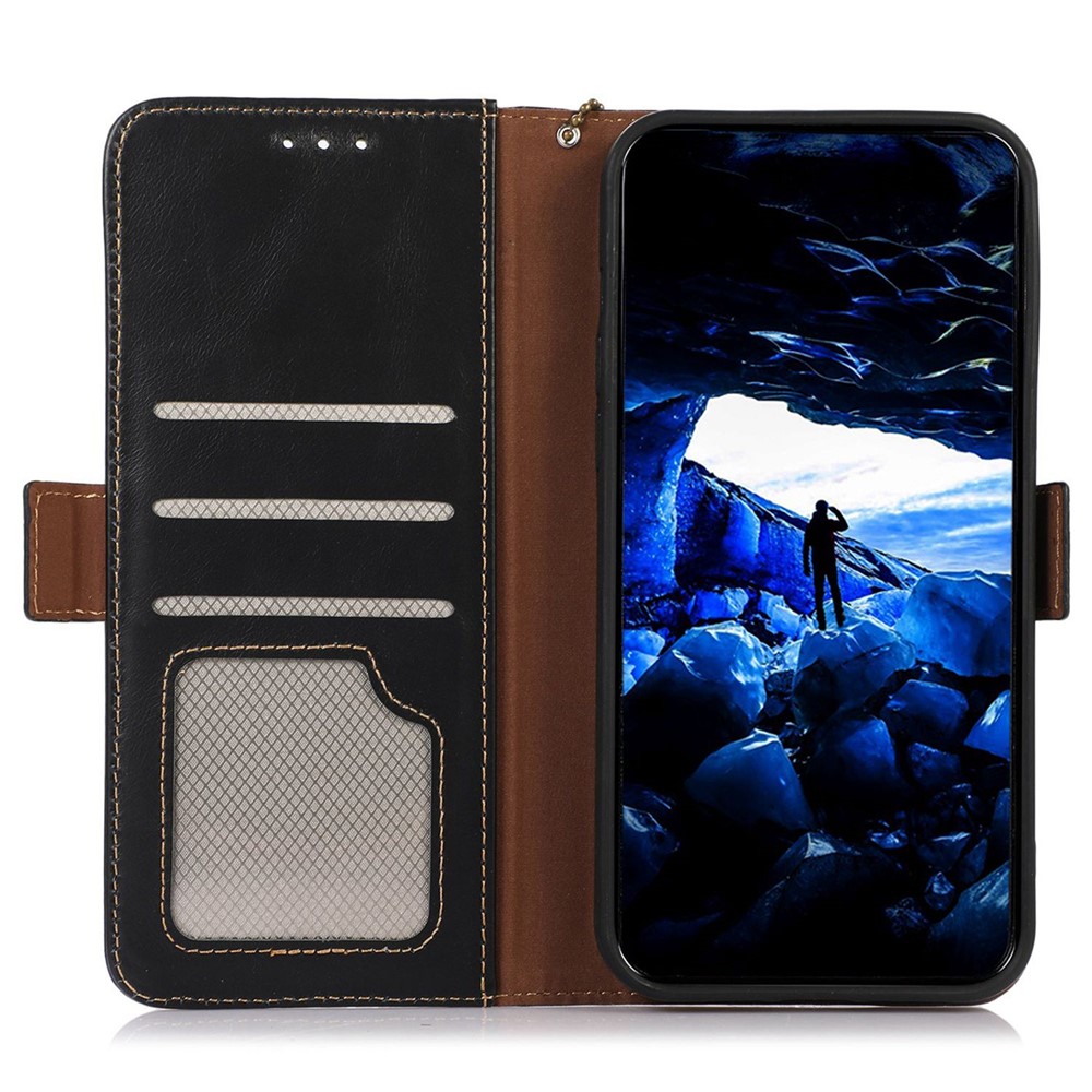For Samsung Galaxy M13 4G Drop-proof Crazy Horse Texture RFID Blocking Case Genuine Cowhide Leather TPU Phone Cover with Wallet Stand - Black-4
