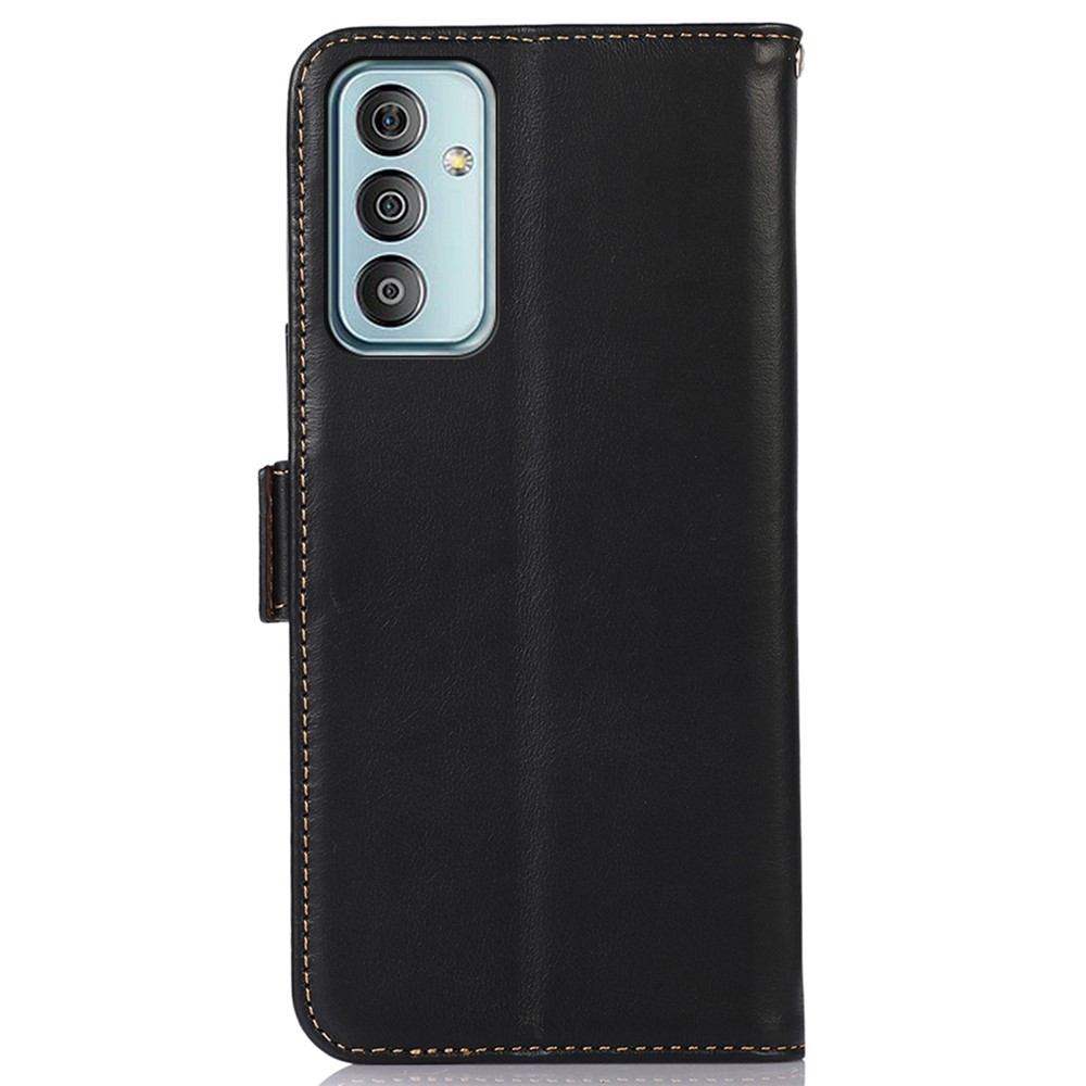 For Samsung Galaxy M13 4G Drop-proof Crazy Horse Texture RFID Blocking Case Genuine Cowhide Leather TPU Phone Cover with Wallet Stand - Black-9