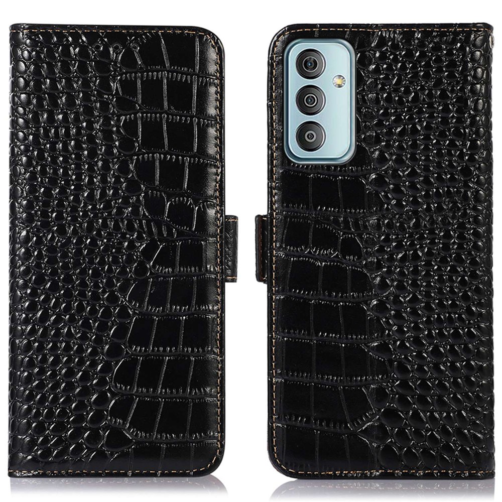 For Samsung Galaxy M13 4G Shockproof Genuine Cowhide Leather Wallet Case Stand Crocodile Texture RFID Blocking Folio Magnetic Closure Phone Cover - Black-1