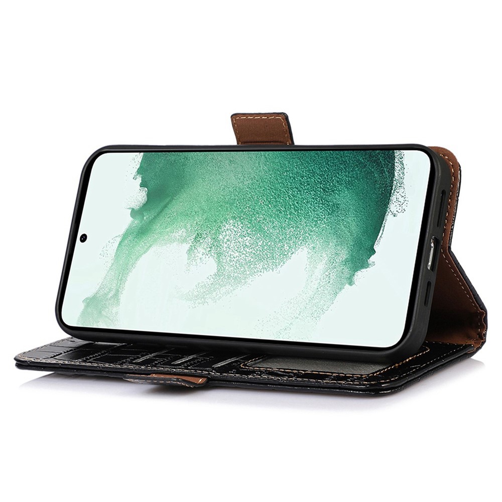 For Samsung Galaxy M13 4G Shockproof Genuine Cowhide Leather Wallet Case Stand Crocodile Texture RFID Blocking Folio Magnetic Closure Phone Cover - Black-2