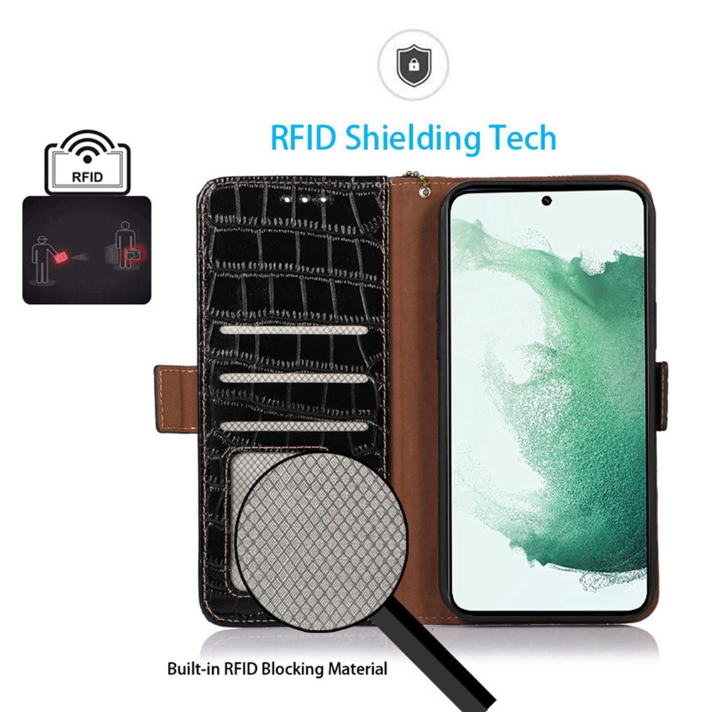 For Samsung Galaxy M13 4G Shockproof Genuine Cowhide Leather Wallet Case Stand Crocodile Texture RFID Blocking Folio Magnetic Closure Phone Cover - Black-3