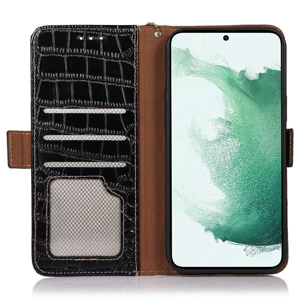 For Samsung Galaxy M13 4G Shockproof Genuine Cowhide Leather Wallet Case Stand Crocodile Texture RFID Blocking Folio Magnetic Closure Phone Cover - Black-4