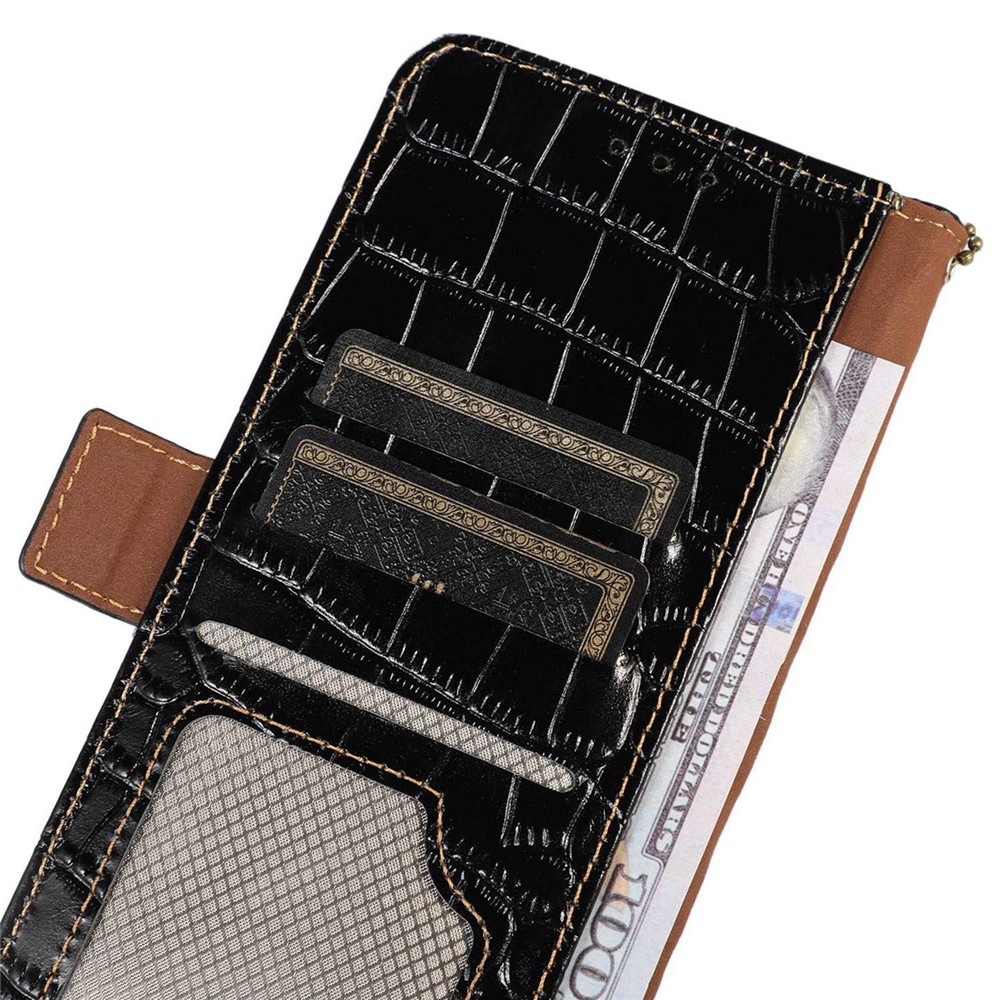 For Samsung Galaxy M13 4G Shockproof Genuine Cowhide Leather Wallet Case Stand Crocodile Texture RFID Blocking Folio Magnetic Closure Phone Cover - Black-5