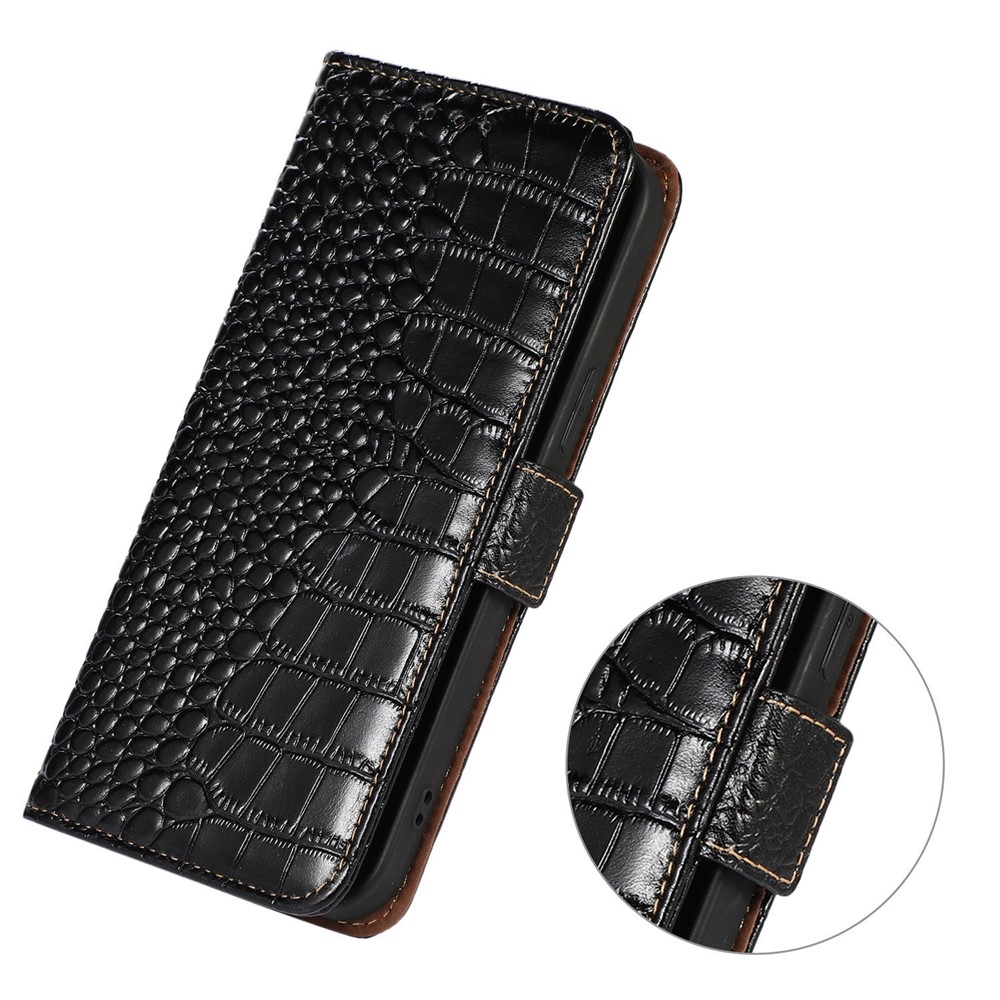 For Samsung Galaxy M13 4G Shockproof Genuine Cowhide Leather Wallet Case Stand Crocodile Texture RFID Blocking Folio Magnetic Closure Phone Cover - Black-6