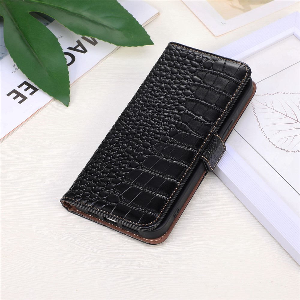 For Samsung Galaxy M13 4G Shockproof Genuine Cowhide Leather Wallet Case Stand Crocodile Texture RFID Blocking Folio Magnetic Closure Phone Cover - Black-7