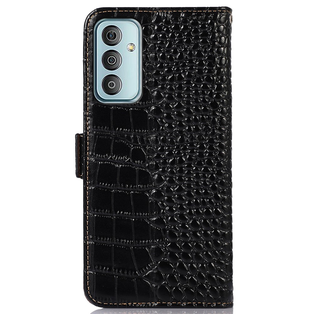 For Samsung Galaxy M13 4G Shockproof Genuine Cowhide Leather Wallet Case Stand Crocodile Texture RFID Blocking Folio Magnetic Closure Phone Cover - Black-9
