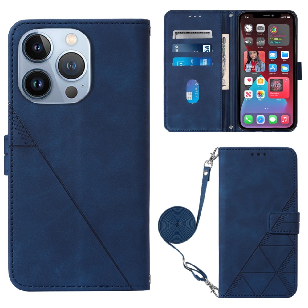 For iPhone 14 Pro 6.1 inch YB Imprinting Series-2 Imprinted Lines Stand Wallet Phone Case Business Style Leather Cover with Shoulder Strap - Sapphire-1