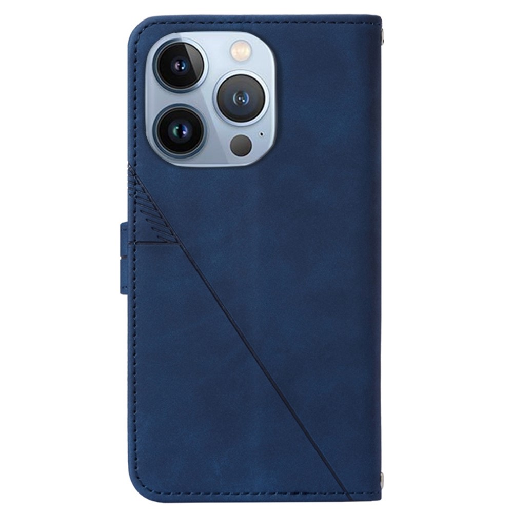 For iPhone 14 Pro 6.1 inch YB Imprinting Series-2 Imprinted Lines Stand Wallet Phone Case Business Style Leather Cover with Shoulder Strap - Sapphire-10