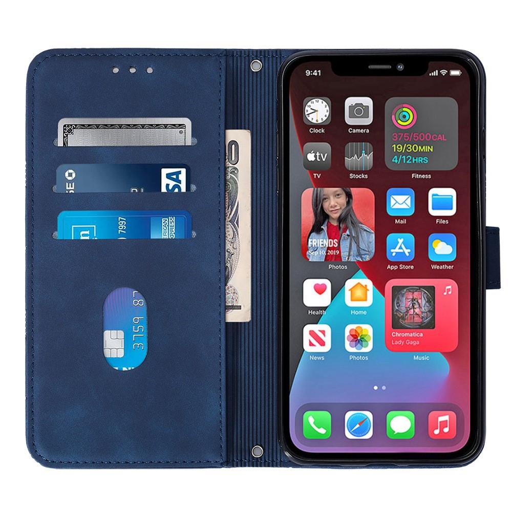 For iPhone 14 Pro 6.1 inch YB Imprinting Series-2 Imprinted Lines Stand Wallet Phone Case Business Style Leather Cover with Shoulder Strap - Sapphire-2