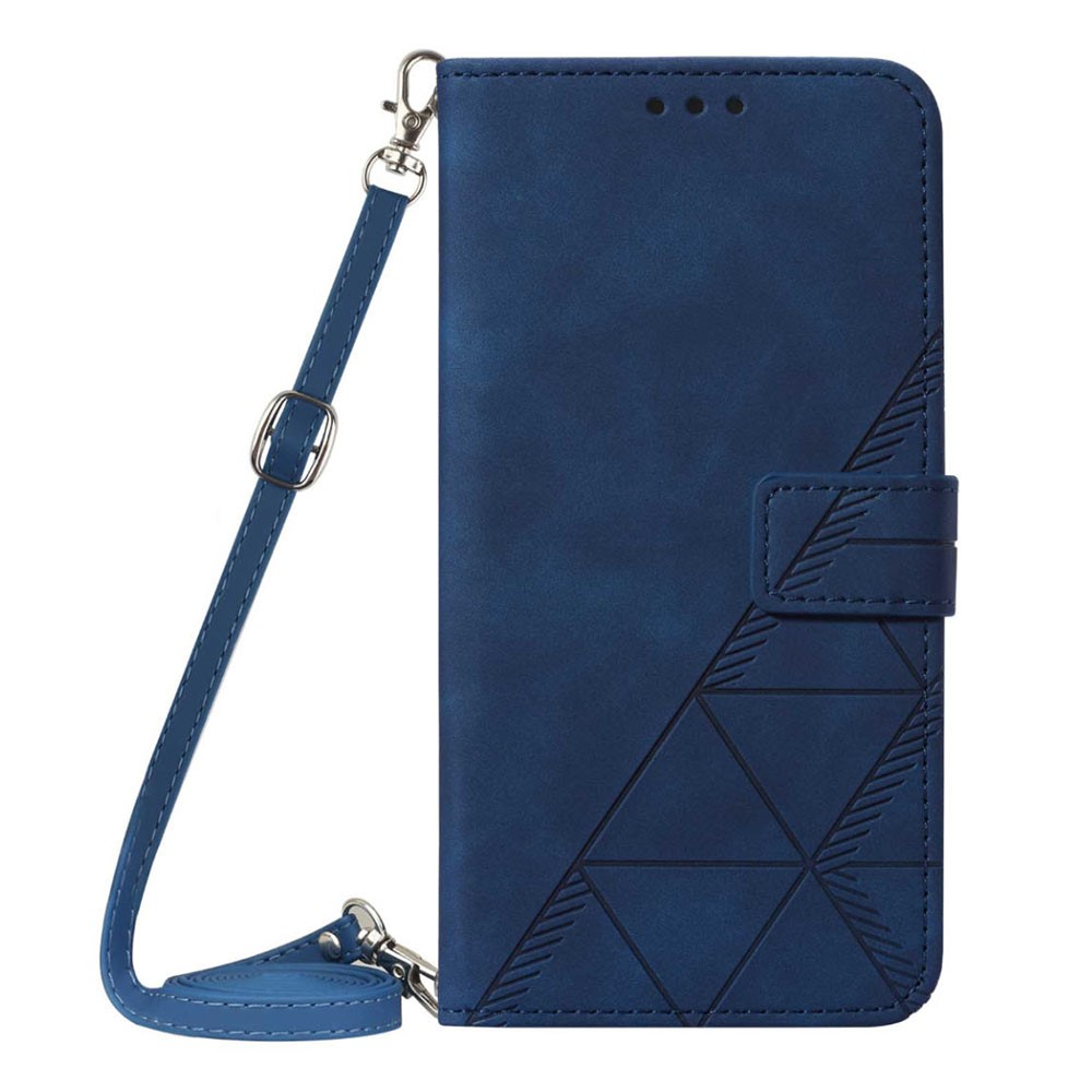 For iPhone 14 Pro 6.1 inch YB Imprinting Series-2 Imprinted Lines Stand Wallet Phone Case Business Style Leather Cover with Shoulder Strap - Sapphire-9