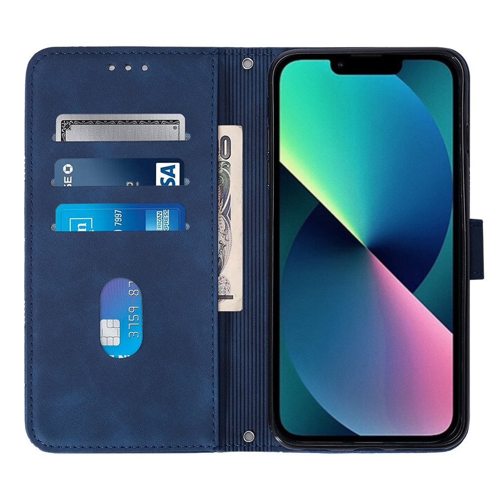 For iPhone 14 Max 6.7 inch YB Imprinting Series-2 Business Style Stand Phone Cas PU Leather Imprinted Lines Wallet Cover with Shoulder Strap - Sapphire-2