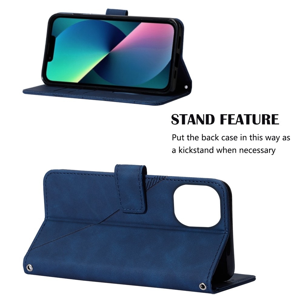 For iPhone 14 Max 6.7 inch YB Imprinting Series-2 Business Style Stand Phone Cas PU Leather Imprinted Lines Wallet Cover with Shoulder Strap - Sapphire-3