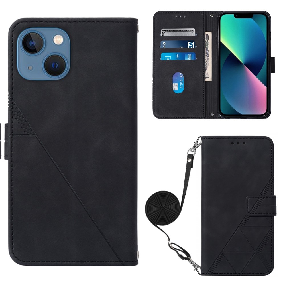 For iPhone 14 6.1 inch YB Imprinting Series-2 Business Style Imprinted Lines Case Wallet Stand PU Leather Phone Cover with Shoulder Strap - Black-1