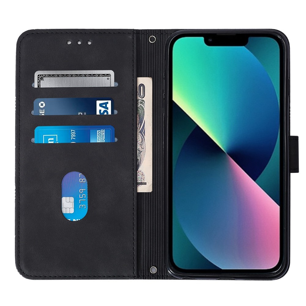 For iPhone 14 6.1 inch YB Imprinting Series-2 Business Style Imprinted Lines Case Wallet Stand PU Leather Phone Cover with Shoulder Strap - Black-2