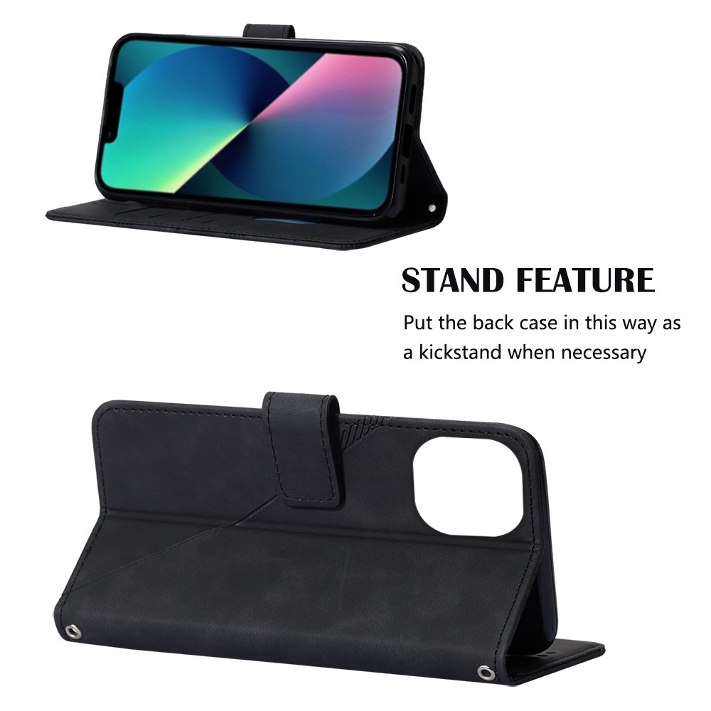 For iPhone 14 6.1 inch YB Imprinting Series-2 Business Style Imprinted Lines Case Wallet Stand PU Leather Phone Cover with Shoulder Strap - Black-3